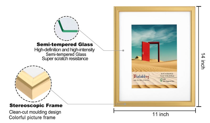 VIOLABBEY 11x14 Picture Frames Set of 4, Fits 8x10 Pictures with Ivory Mat or 11x14 without Mat, Vertical or Horizontal for Wall or Tabletop Display, Semi Tempered Glass, Light Gold - Image 4
